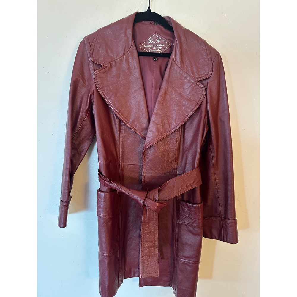 Vintage K&H Burgundy Leather Trench Coat Belted Jacket Oxblood Womens 11/12 70s